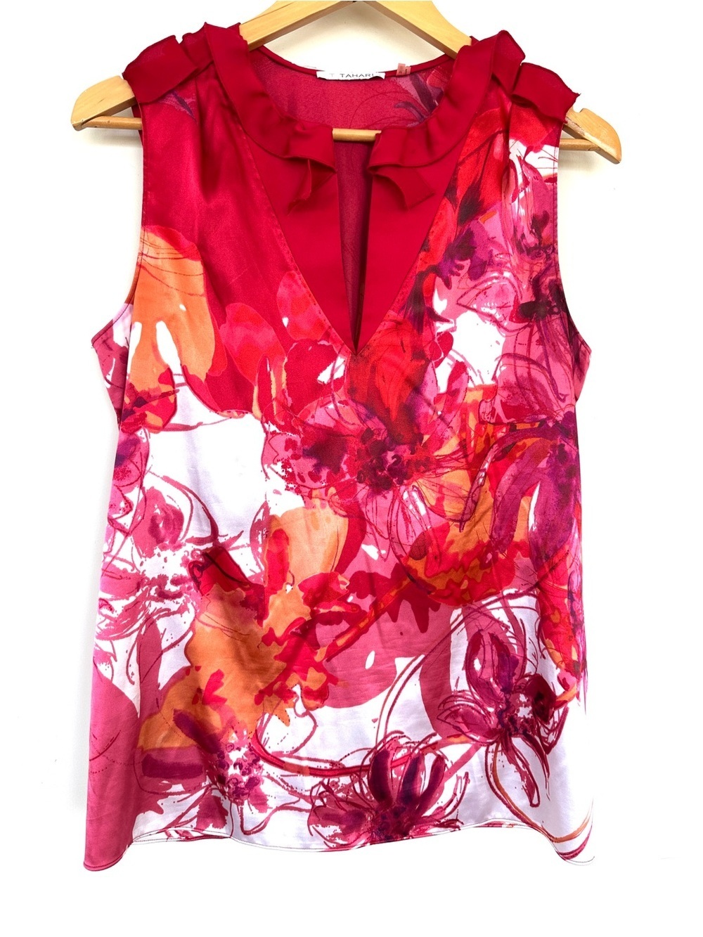 Tahari Pink Red Orange Floral Ruffle V-Neck Sleeveless Blouse, Satin Fabric